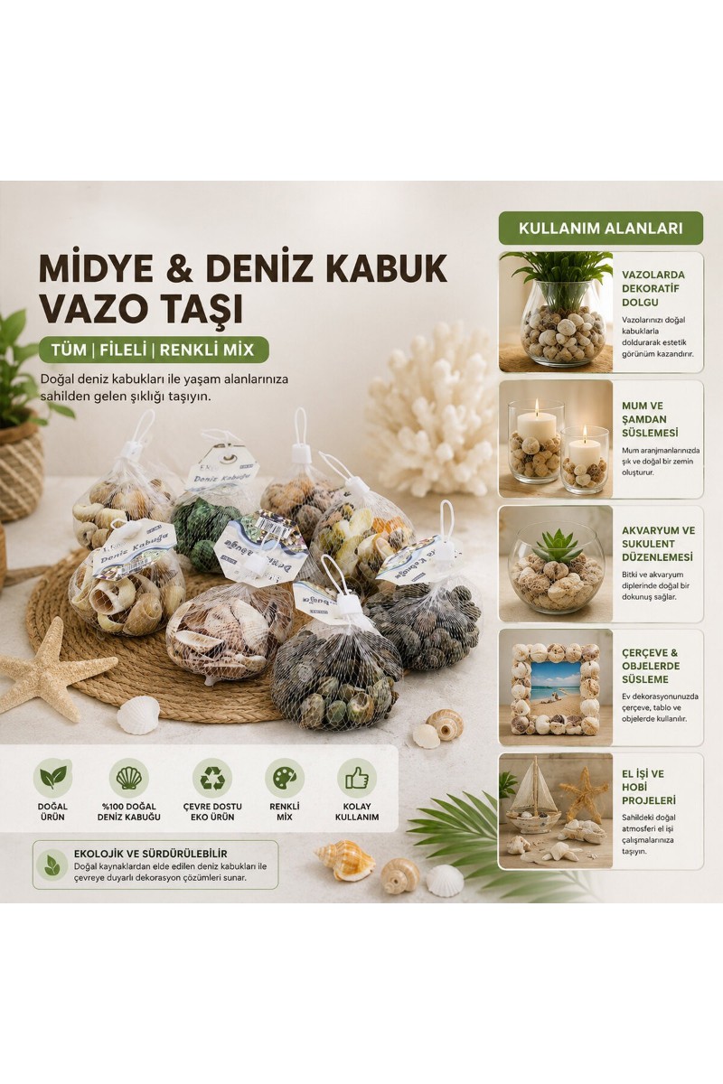 Dekoratif Vazo Taşı - Midye Ve Deniz Kabuğu - Fileli Renkli Mix