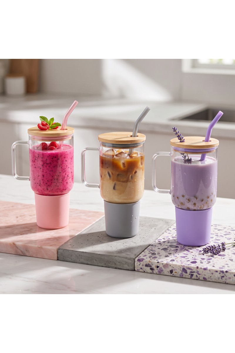 1000 ml Cam Matara Kupa Bardak Bambu Kapaklı Silikon Kılıflı Çelik Pipetli