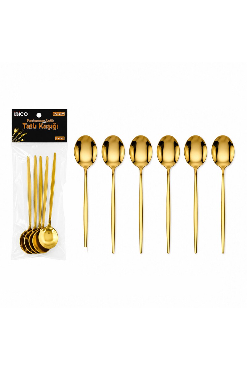 6 Parça Tatlı Kaşığı Seti Gold Renk Paslanmaz Çelik
