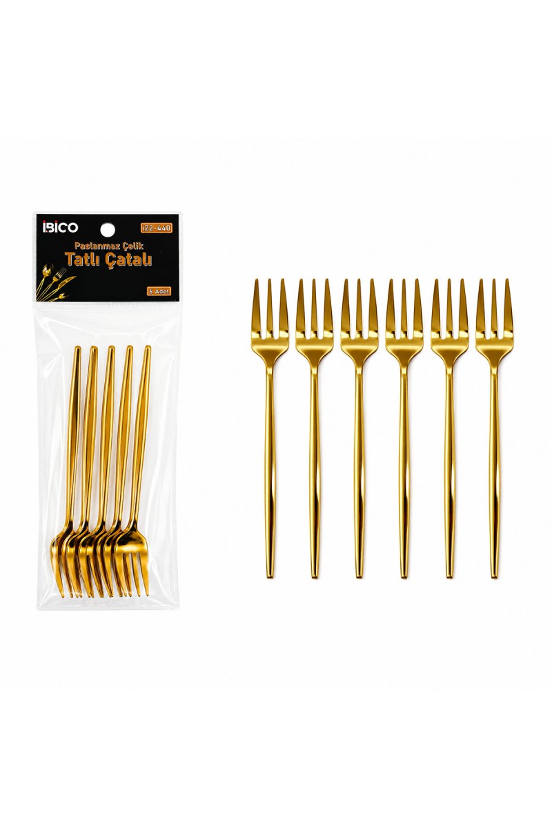 6 Parça Tatlı Çatalı Seti 13 cm Gold Renk Paslanmaz Çelik
