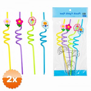 2 Paket Kıvrımlı Renkli Plastik Pipet Figürlü Tasarım 4'lü Paket