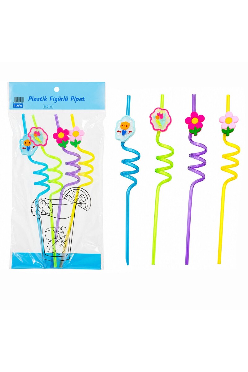 Kıvrımlı Renkli Plastik Pipet Figürlü Tasarım 4'lü Paket