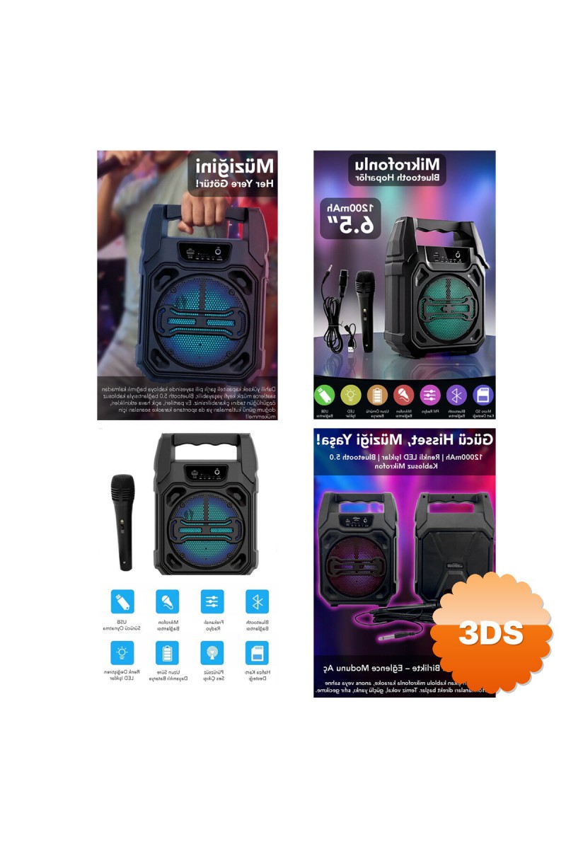 Mikrofonlu Bluetooth Hoparlör - Led Işıklı - Usb Şarjlı - Aux Destekli