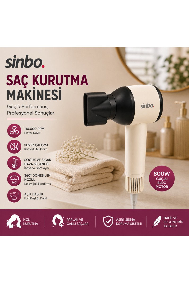 Sinbo Saç Kurutma Makinesi Pembe Renk 3 Kademeli Hız ve Sıcaklık