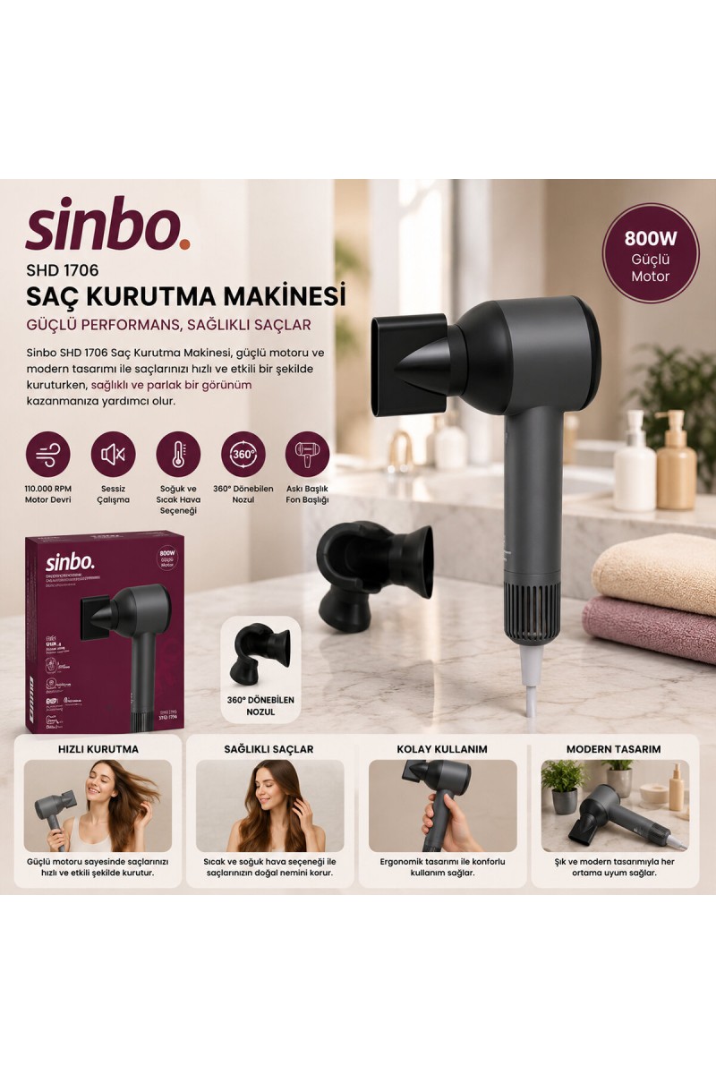 Sinbo Saç Kurutma Makinesi Gri 800W Sessiz Çalışma SHD 1706