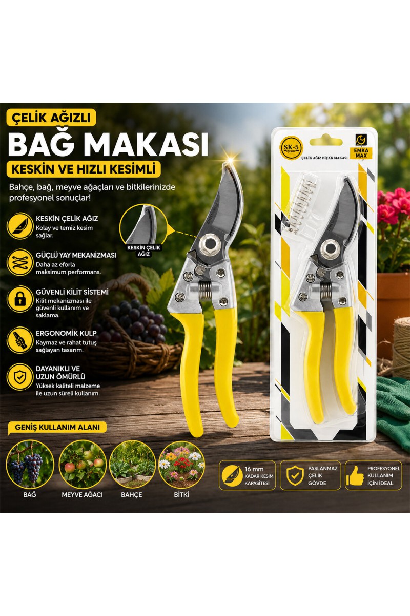Çelik Ağızlı Bağ Makası - Güvenli Kilit Sistemi - Ergonomik Kulp