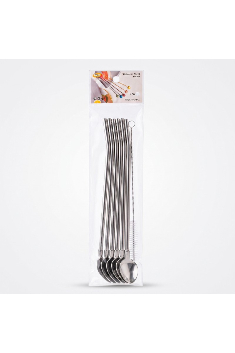 6lı Kaşıklı Pipet Seti Metal Paslanmaz Çelik Temizleme Fırçalı