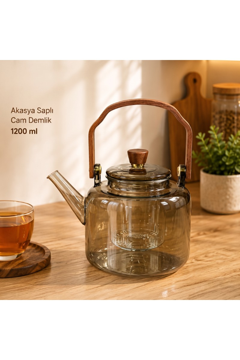 Akasya Saplı Borosilikat Cam Demlik 1200 ml