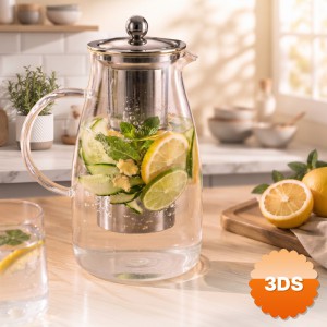 Detoks Sürahisi 1500 ml Cam Paslanmaz Çelik Filtreli Kapaklı
