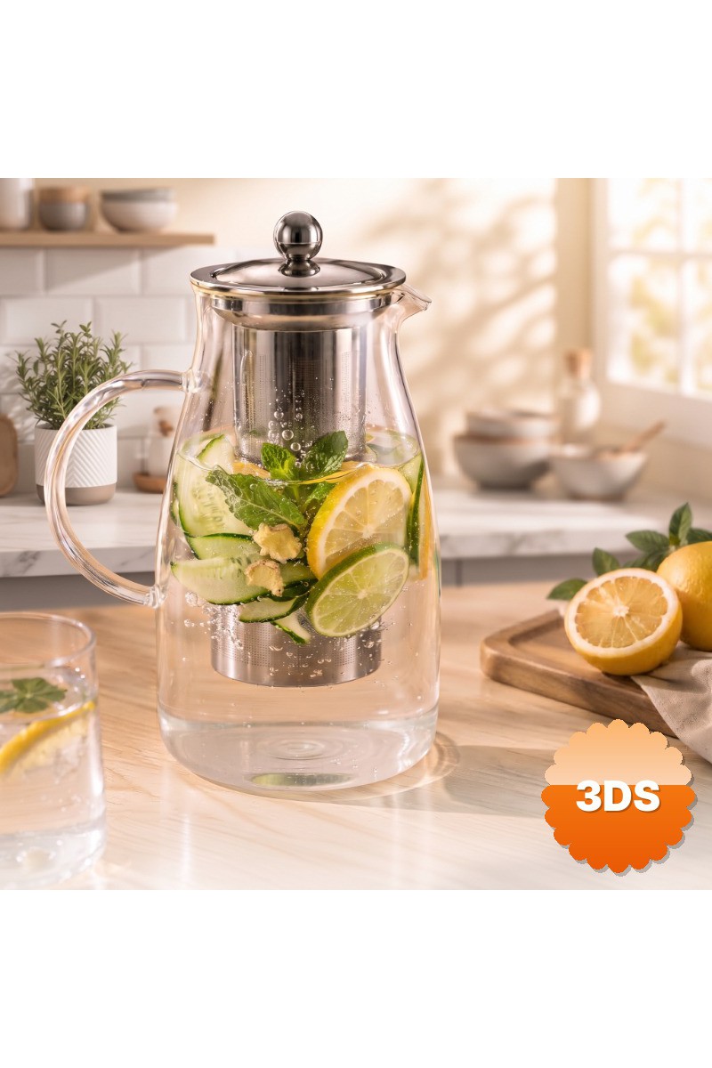 Detoks Sürahisi 1500 ml Cam Paslanmaz Çelik Filtreli Kapaklı