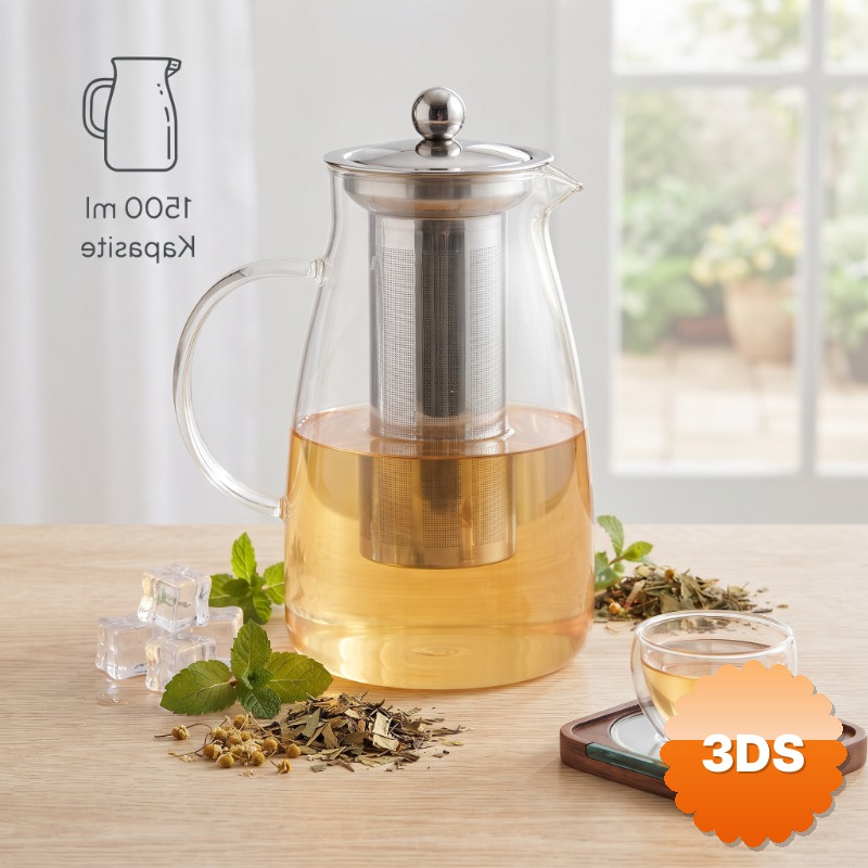 Detoks Sürahisi 1500 ml Cam Paslanmaz Çelik Filtreli Kapaklı