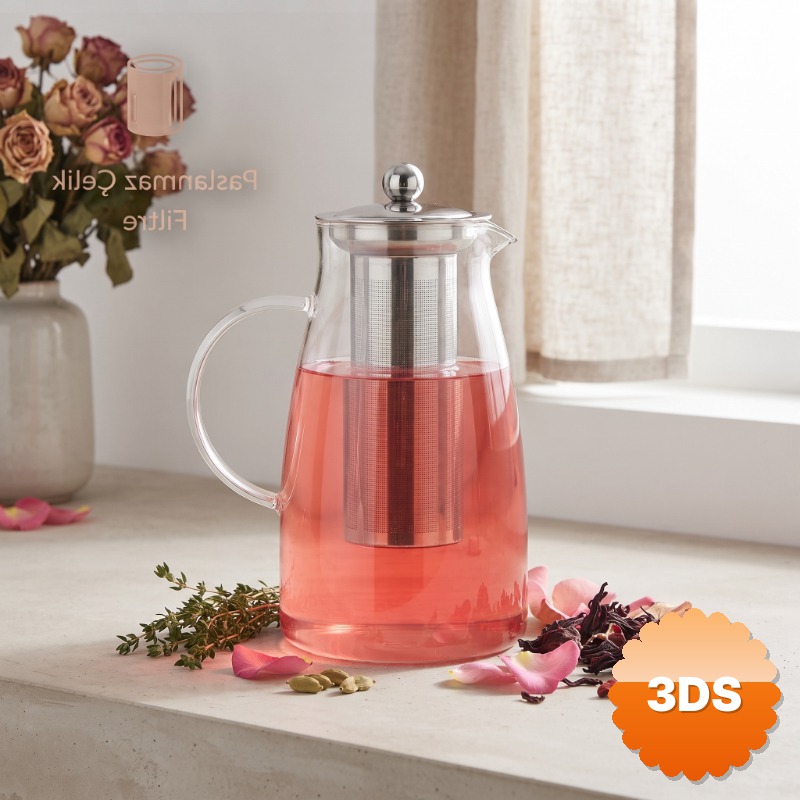 Detoks Sürahisi 1500 ml Cam Paslanmaz Çelik Filtreli Kapaklı