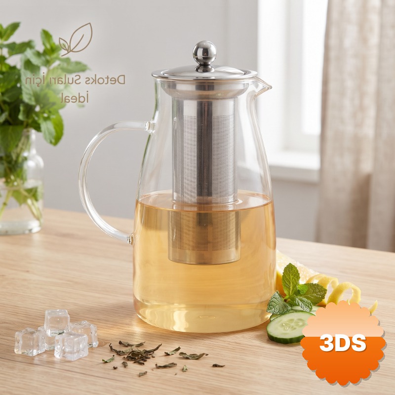 Detoks Sürahisi 1500 ml Cam Paslanmaz Çelik Filtreli Kapaklı