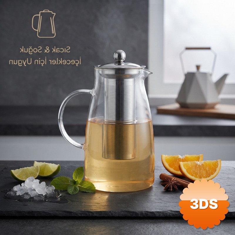 Detoks Sürahisi 1500 ml Cam Paslanmaz Çelik Filtreli Kapaklı