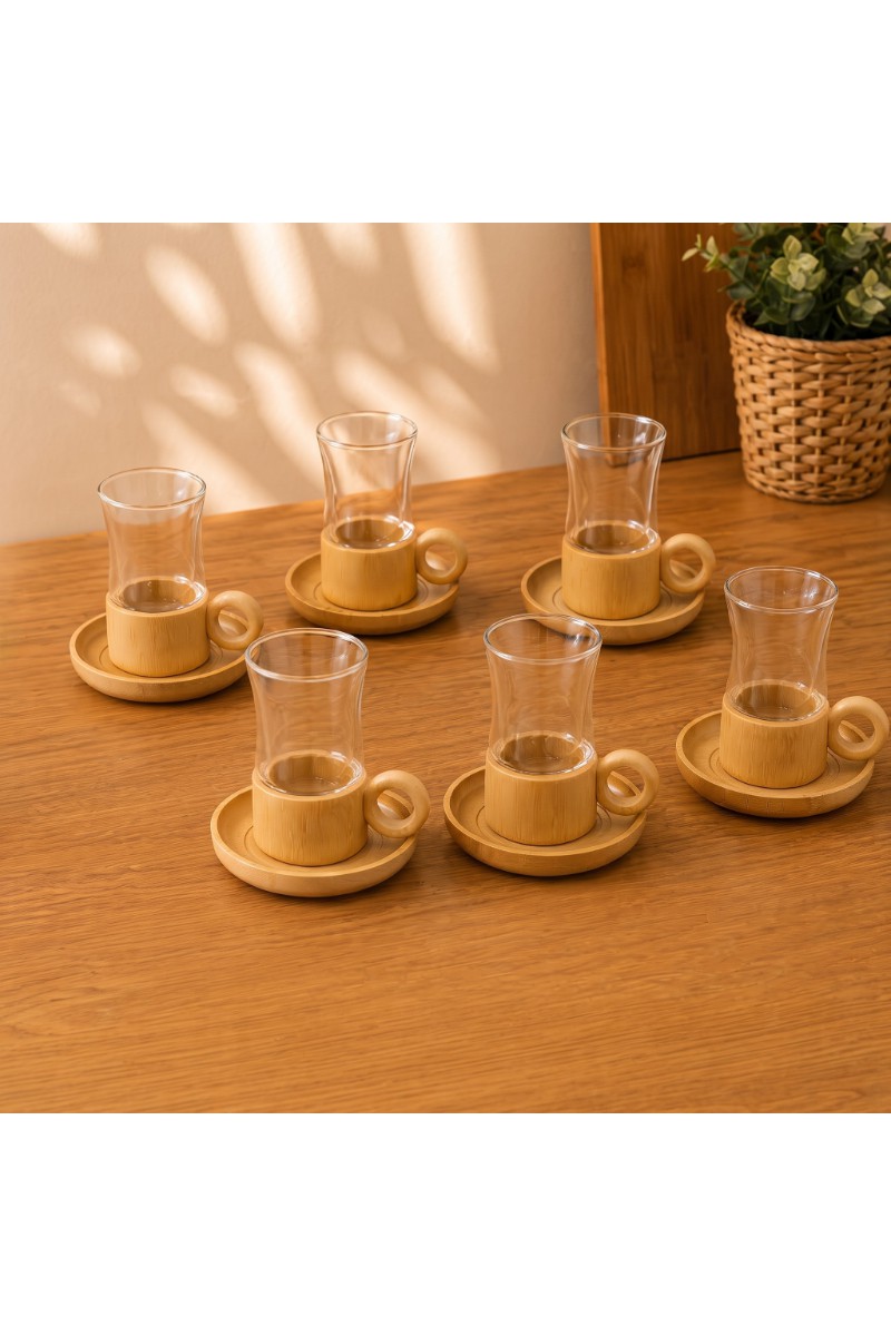 12 Parça Çay Seti Bambu Bardak Altlığı Çift Cidarlı Cam 150 ml