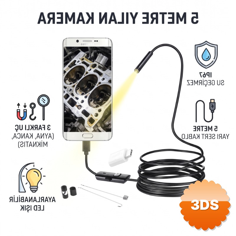 5 Metre Yılan Kamera LED Işıklı IP67 Su Geçirmez 3 Farklı Başlıklı