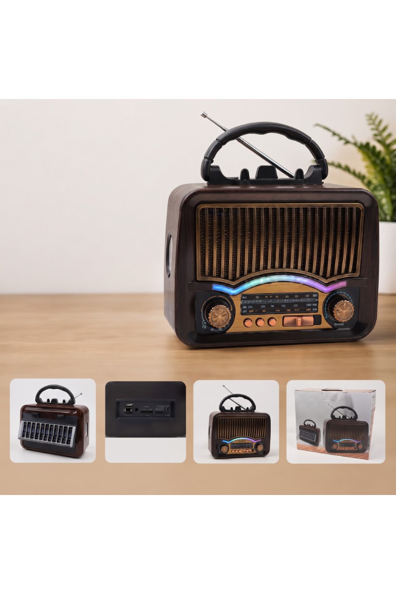 Solar Nostalji Müzik Kutusu Şarjlı FM Radyo Bluetooth Retro Tasarımlı