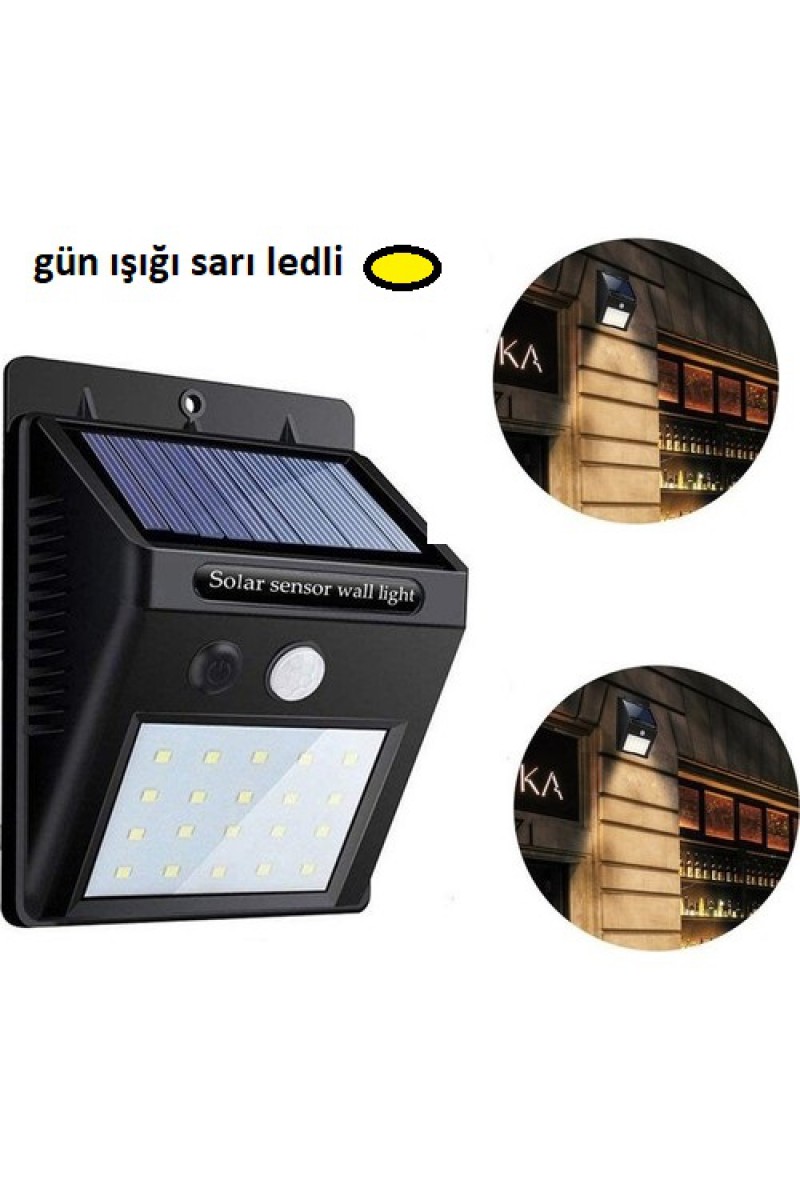 Sarı Gün Işıklı Solar Lamba - 20 LED - Dış Mekan Duvar Tipi