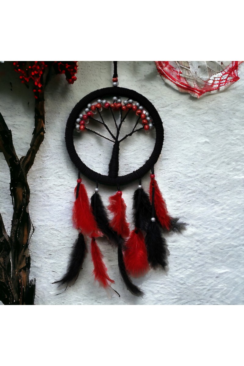 Siyah Kırmızı Hayat Ağacı Dream Catcher 57x22 cm