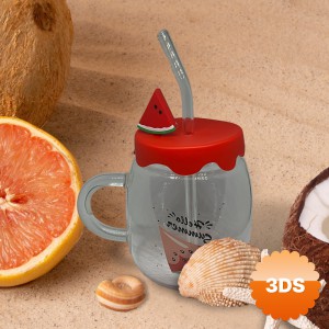 Karpuz Tasarımlı Cam Kupa Bardak 450 ml Silikon Kapaklı Pipetli