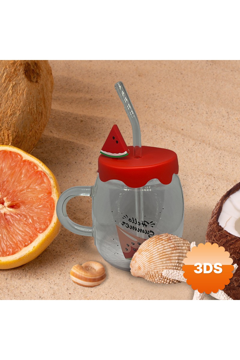 Karpuz Tasarımlı Cam Kupa Bardak 450 ml Silikon Kapaklı Pipetli