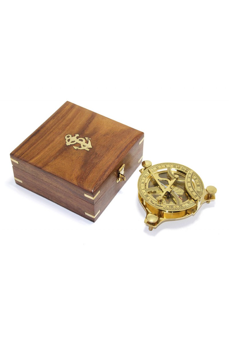 Ahşap Kutulu El Yapımı Pirinç Güneş Saati ve Pusula 12x3 cm