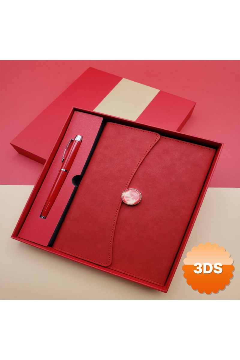 Promosyon Defter Kalem Seti Kırmızı Renk Kraft Yaldızlı Çantalı