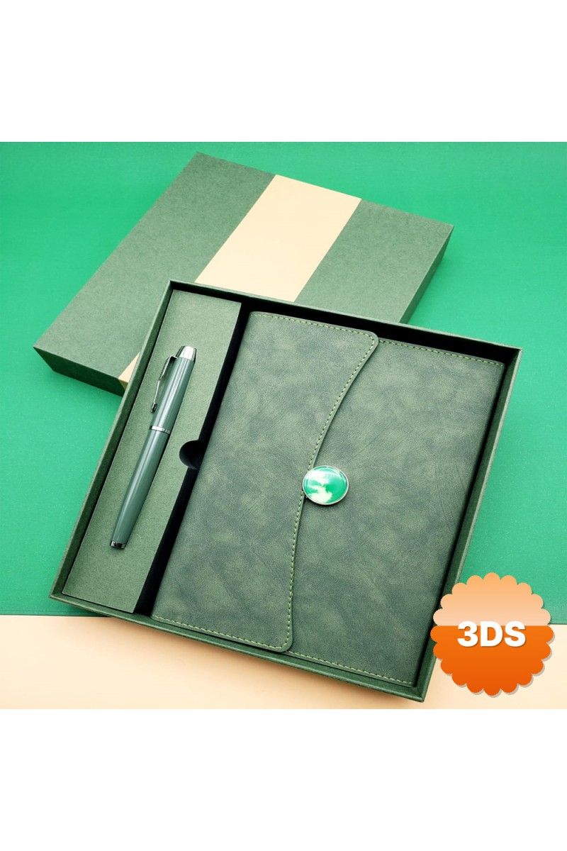 Promosyon Defter Kalem Seti Yeşil Renk Kraft Yaldızlı Çantalı