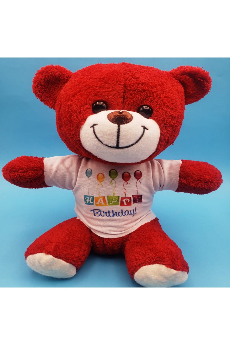 Happy Birthday Tişörtlü Peluş Kırmızı Ayıcık 25 cm