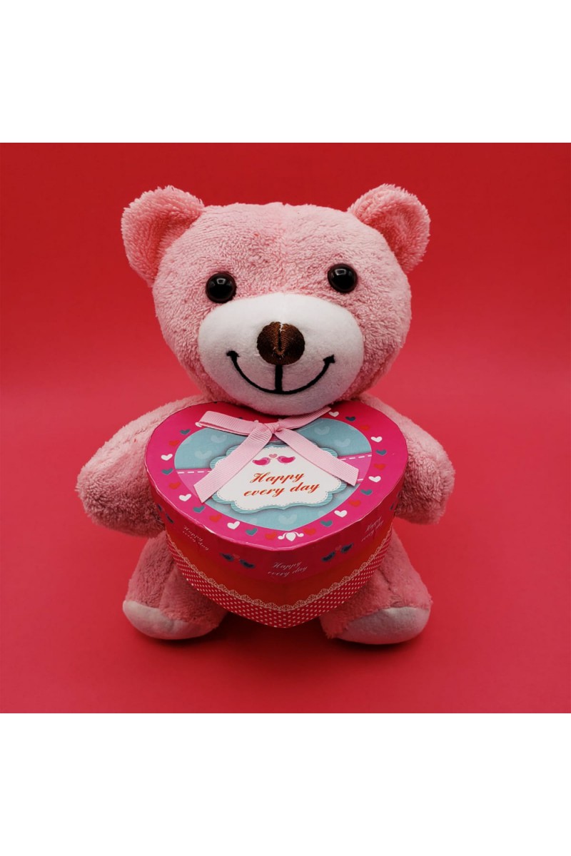 Hediyelik Pembe Kutulu Ayıcık 25 cm Kalp Formlu Kutu