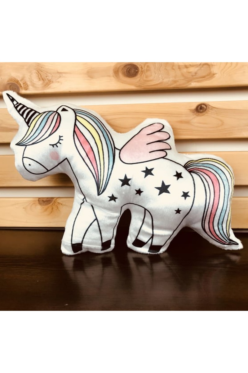 Unicorn Tasarımlı Yumuşak Peluş Yastık 30 cm Kanatlı ve Yıldız Desenli