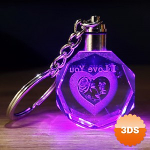I Love You Kalp İçinde Gül Renk Değiştiren Kristal Anahtarlık 10 cm