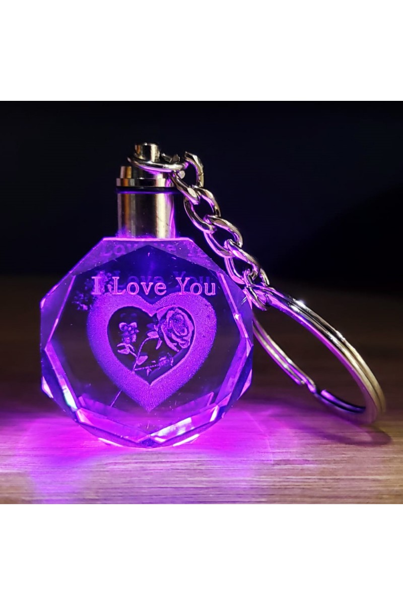 I Love You Kalp İçinde Gül Renk Değiştiren Kristal Anahtarlık 10 cm