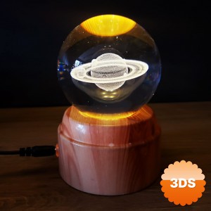 Satürn Tasarımlı Dönen Cam Küre 8 cm Ahşap Görünümlü Stand