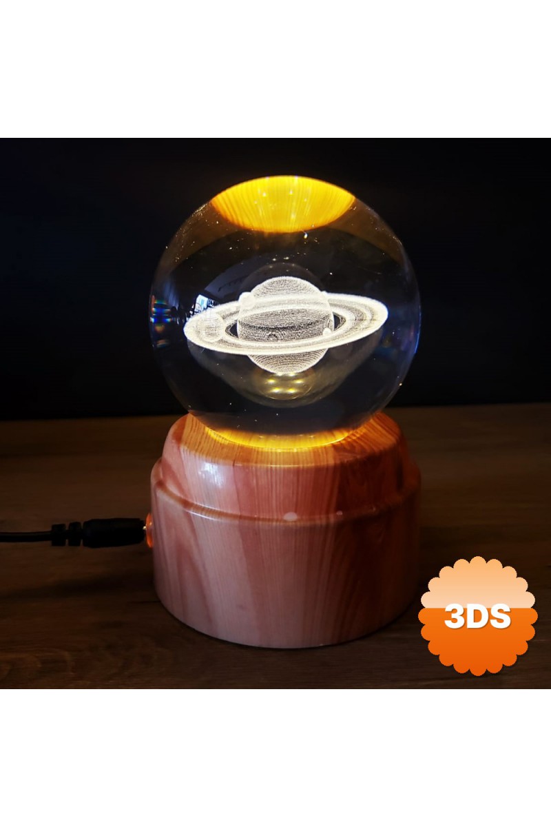 Satürn Tasarımlı Dönen Cam Küre 8 cm Ahşap Görünümlü Stand