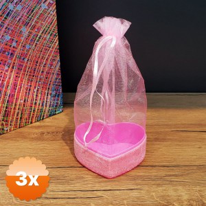 3 Adet Pembe Kalpli Tül Kese 16 cm Kutu 8x7 cm