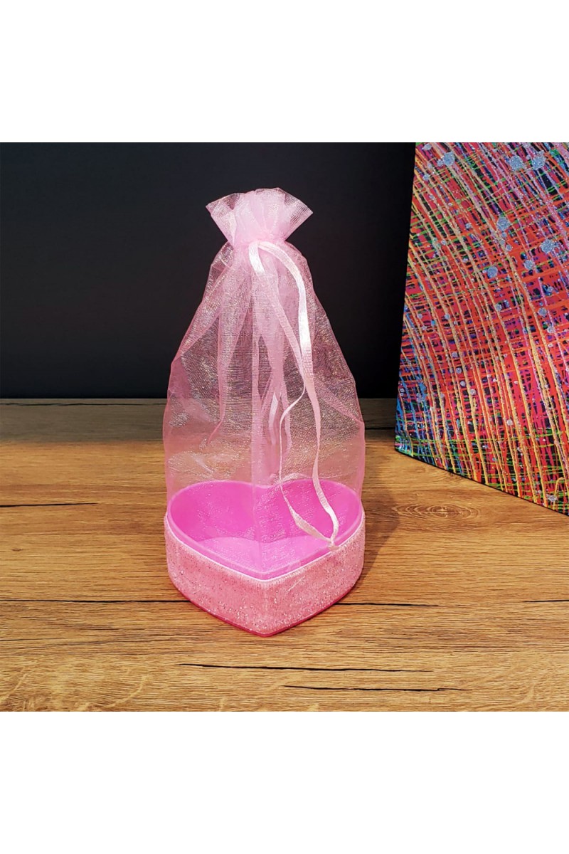 Pembe Kalpli Tül Kese 16 cm Kutu 8x7 cm