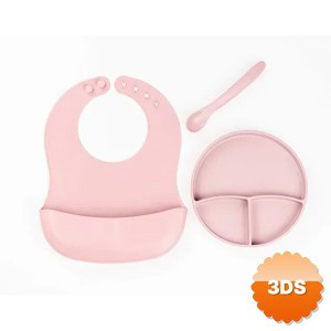 Pembe 3lü Silikon Yemek Seti Önlük Diş Kaşıyıcılı Kaşık Vakumlu Tabak
