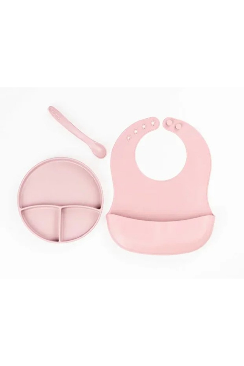 Pembe 3lü Silikon Yemek Seti Önlük Diş Kaşıyıcılı Kaşık Vakumlu Tabak
