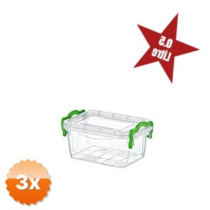 3 Adet Mini Saklama Kutusu 0.5 Litre 7x15x10 cm Yeşil Klipsli Kapak