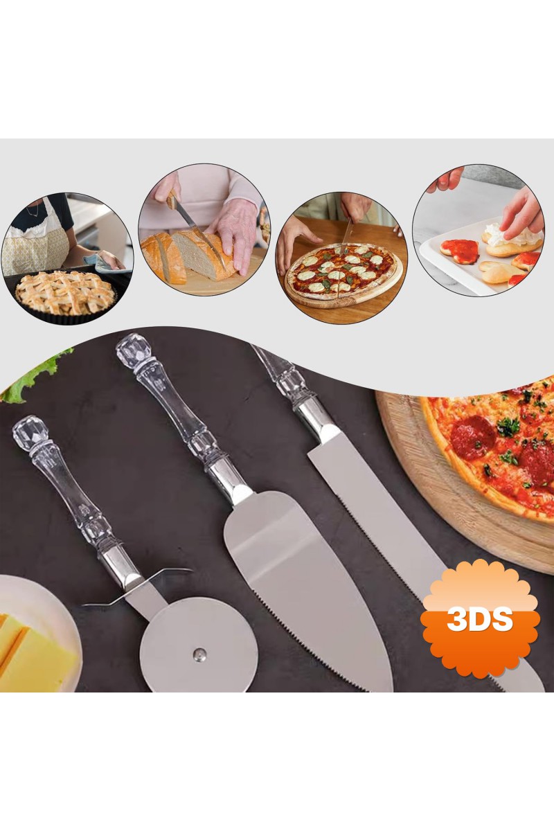 3 Parça Servis Seti Pizza Kesici Dişli Bıçak ve Spatula