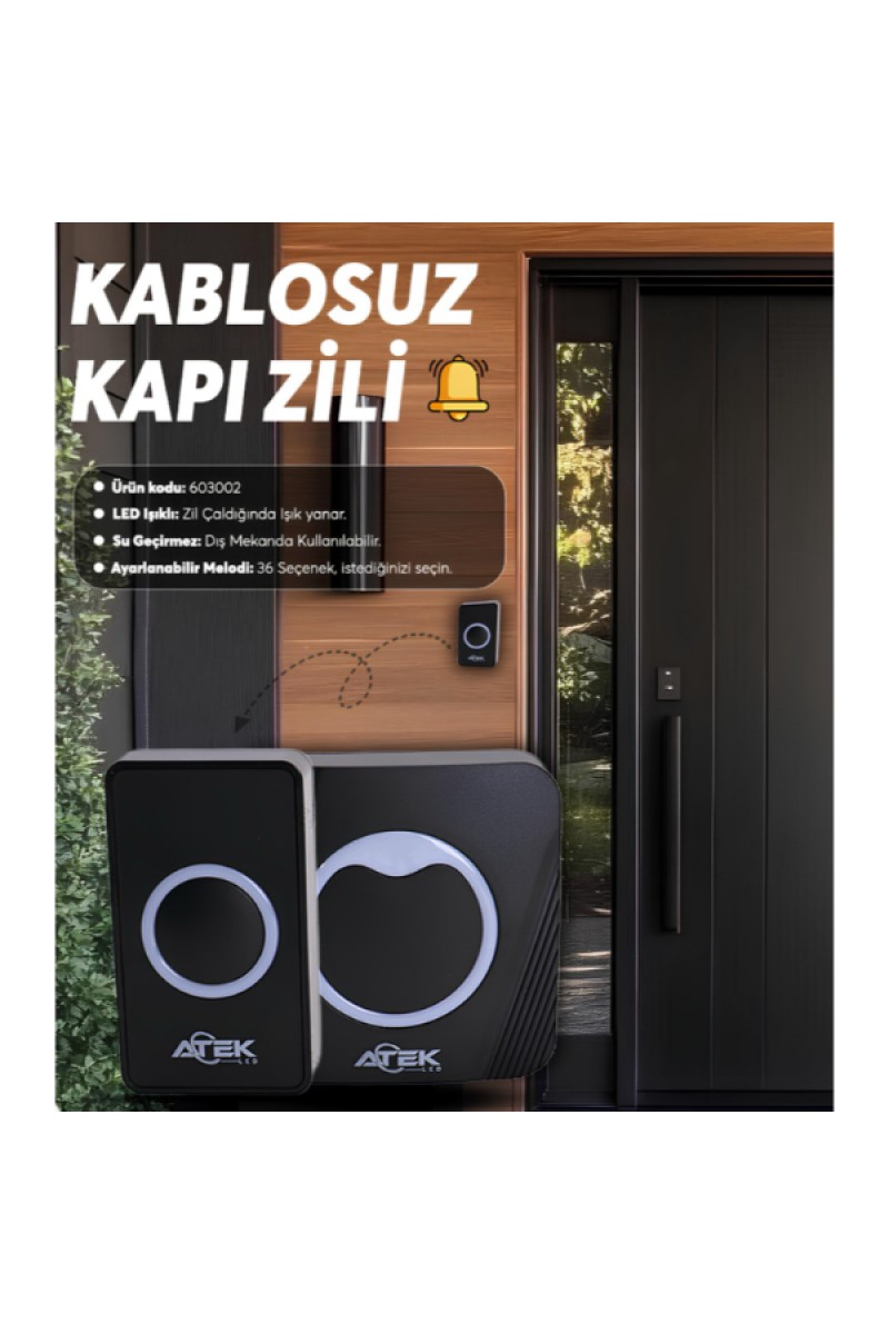 Siyah Kablosuz Su Geçirmez Kapı Zili 36 Melodili LED Işıklı