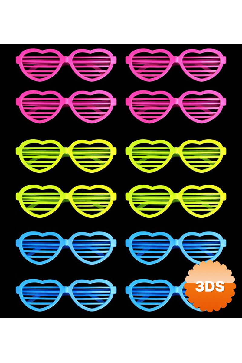 Retro Neon Fosforlu Kalp Panjur Gözlük 12 Adet