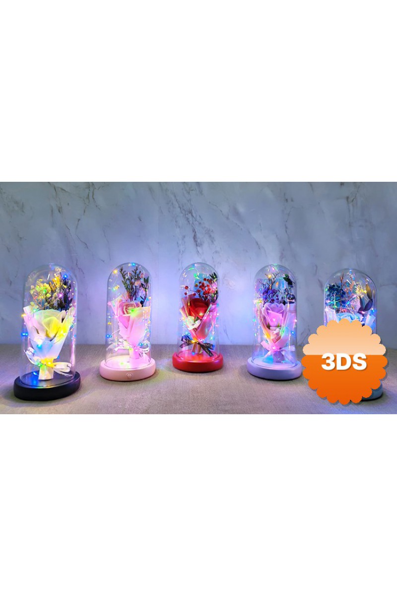 Işıklı Müzikli Cam Fanus İçinde Lavantalı Romantik Gül 21x11 cm