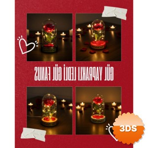 Gül Yapraklı LEDli Gül Fanus 10x18 cm Tekli Yapay Gül