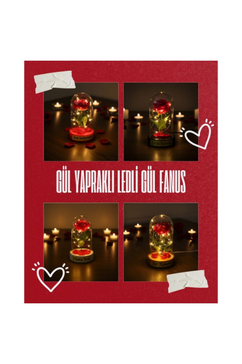 Gül Yapraklı LEDli Gül Fanus 10x18 cm Tekli Yapay Gül