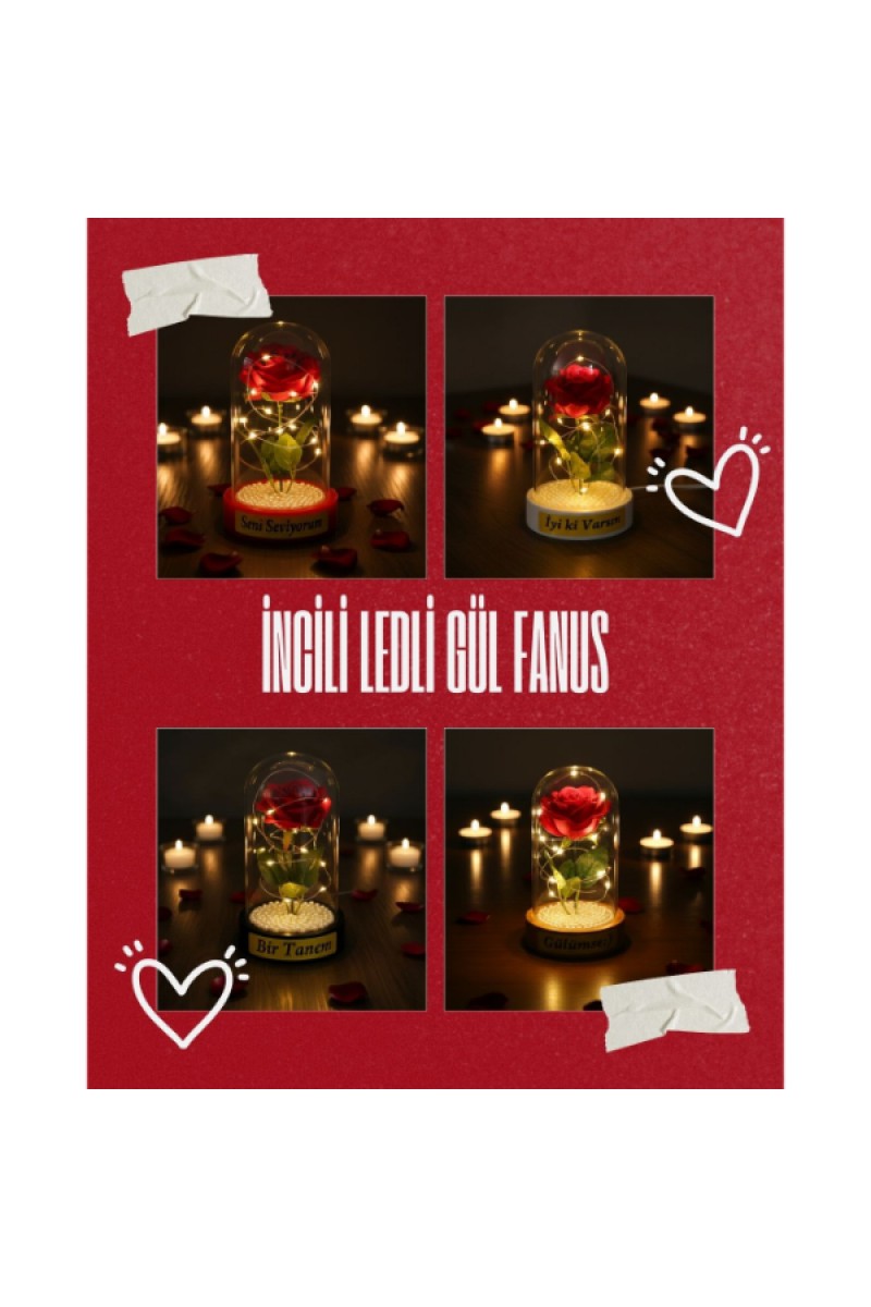 İncili LEDli Gül Fanus 10x18 cm İnci Detaylı