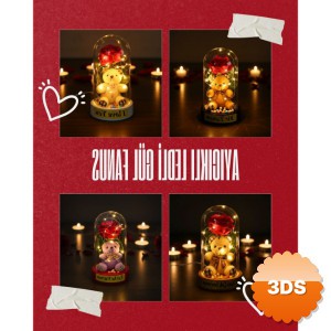 Ayıcıklı LEDli Gül Fanus 10x18 cm Gün Işığı LED