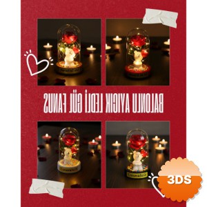 Balonlu Ayıcık LEDli Gül Fanus 10x18 cm Gün Işığı LED