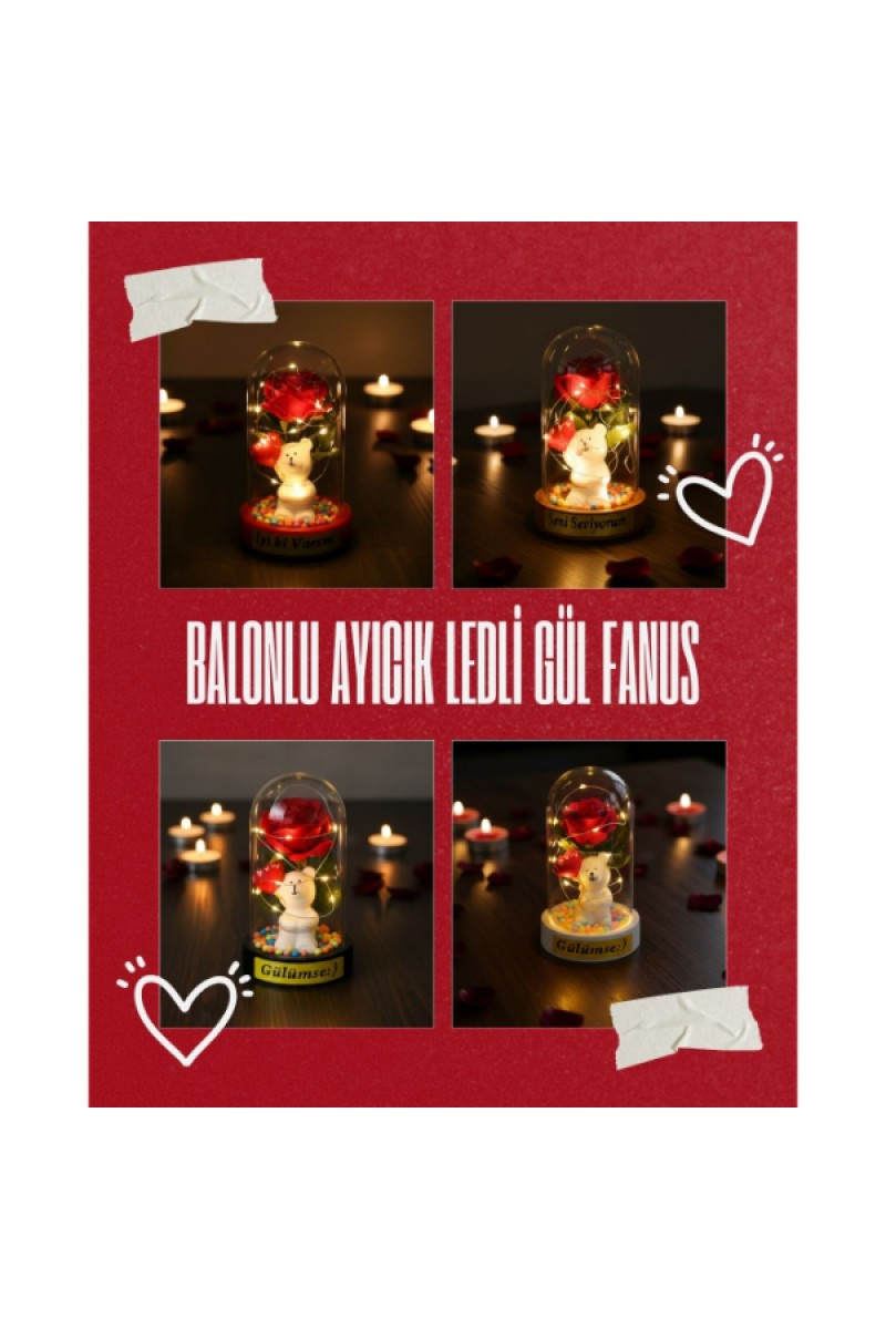 Balonlu Ayıcık LEDli Gül Fanus 10x18 cm Gün Işığı LED